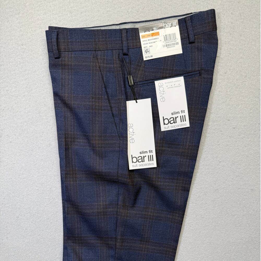 Bar III Men's Slim-Fit Wool Blend Stretch Dress Pants Navy Plaid 29x30 $175